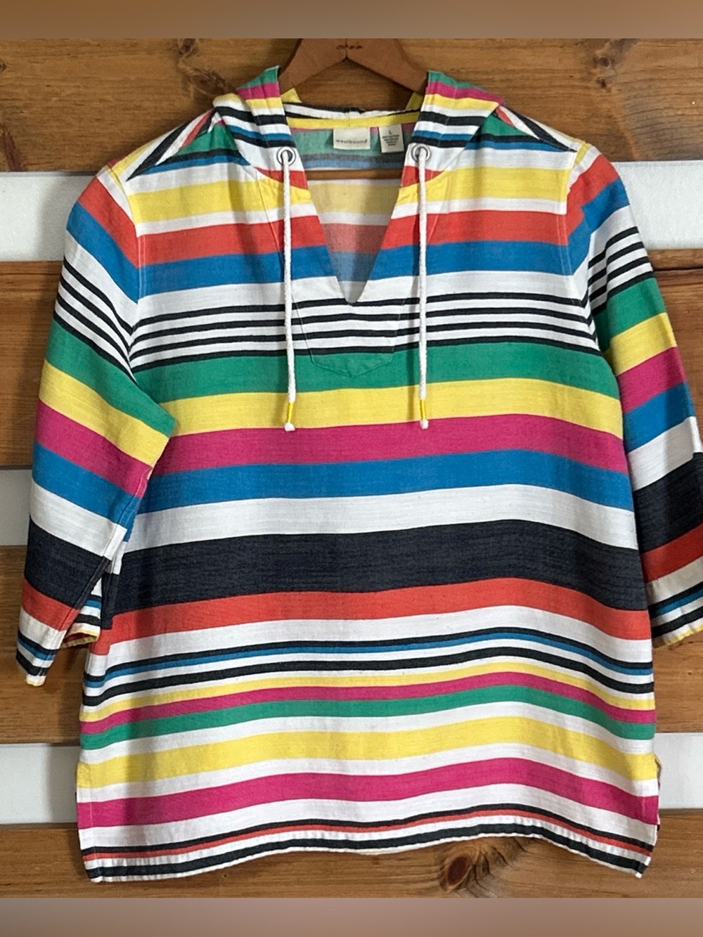 Westbound Colorful Striped Hooded Pullover V-Neck Nautical Beach Vibe Size Large